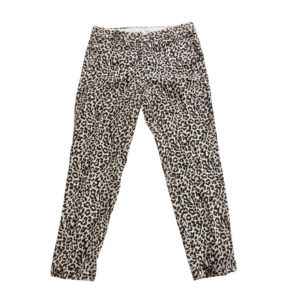 J. Crew Cafe Capri Leopard Print 100% Linen Pants Brown Tan Women Size 2